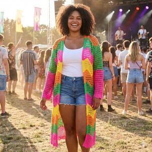 Trendy Threads Multi-color Chevron Crochet Knit Long Duster Cardigan Women's 1X